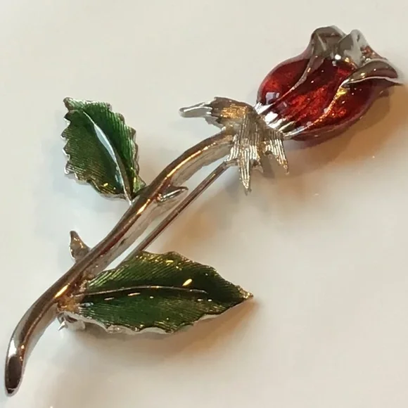 Vintage Enameled Rose Pin Flower Brooch Signed Silver Tone - Picture 7 of 10